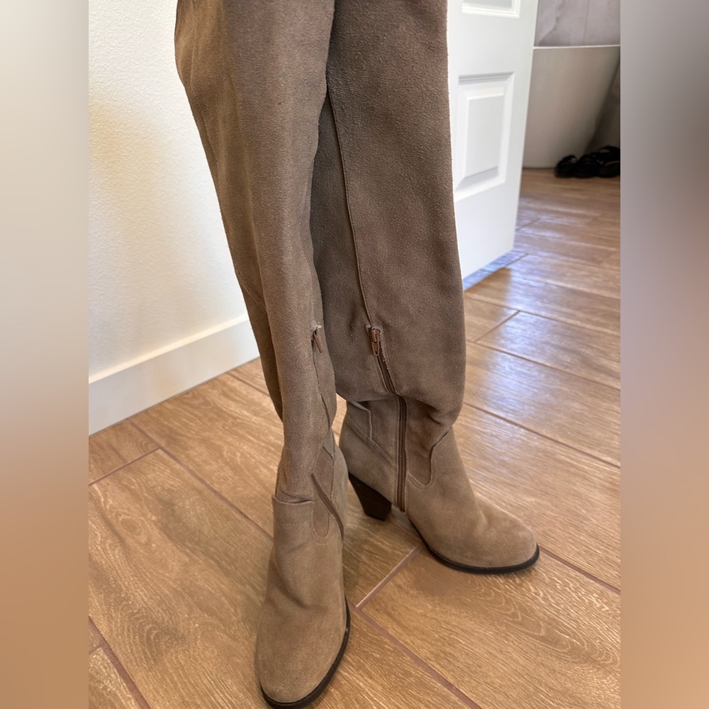 MIA Taupe Suede Over The Knee Boots with Block Heel